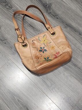 Y2K Fossil Embroidered Med Leather Tote Bag
